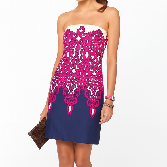 Lilly Pulitzer Worth Shift Strapless Dress Size 4 Pink Navy Print - Picture 1 of 16